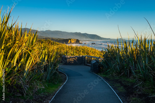Walkway at Punakaiki Pancake Rocks and Blowholes, West Coast, New Zealand photo