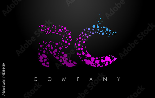 RC R C Letter Logo with Purple Particles and Bubble Dots