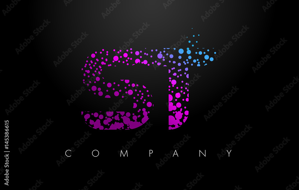ST S T Letter Logo with Purple Particles and Bubble Dots