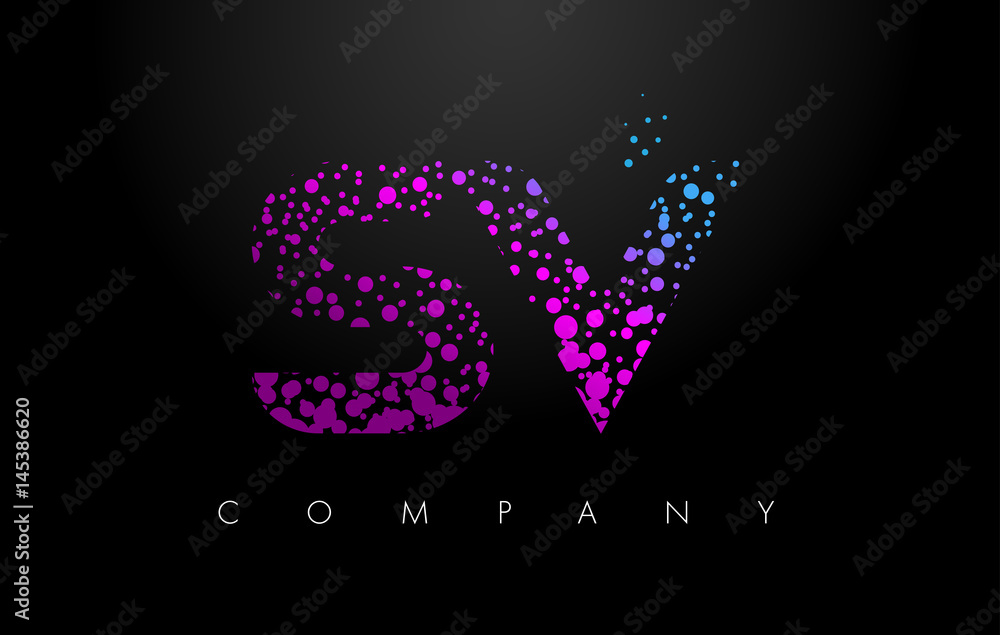 SV S V Letter Logo with Purple Particles and Bubble Dots