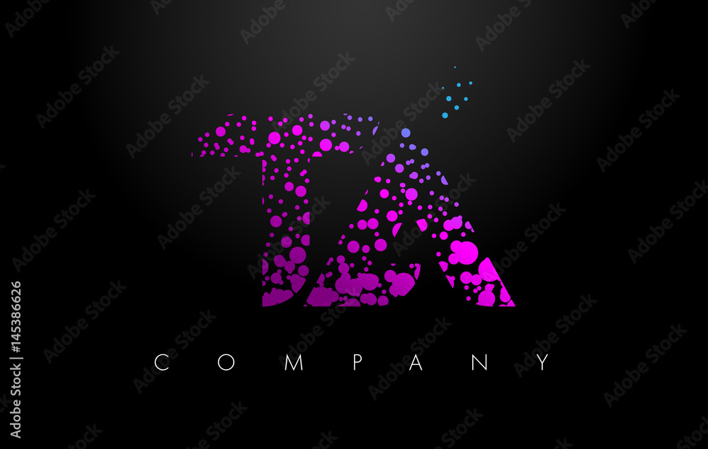 TA T A Letter Logo with Purple Particles and Bubble Dots