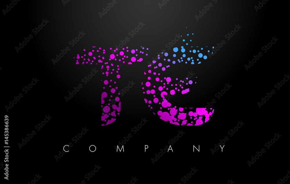 TE T E Letter Logo with Purple Particles and Bubble Dots