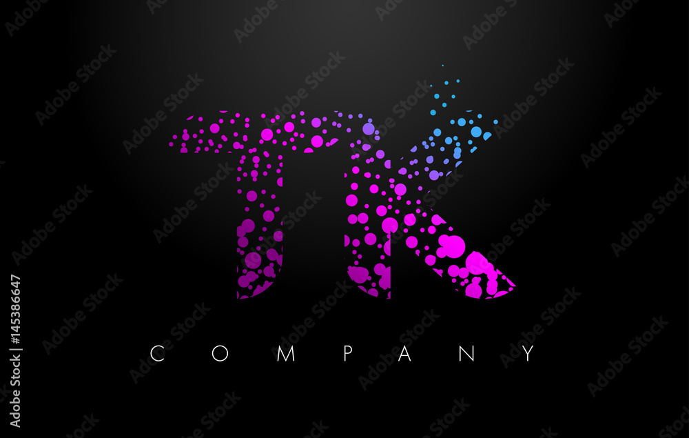 TK T K Letter Logo with Purple Particles and Bubble Dots