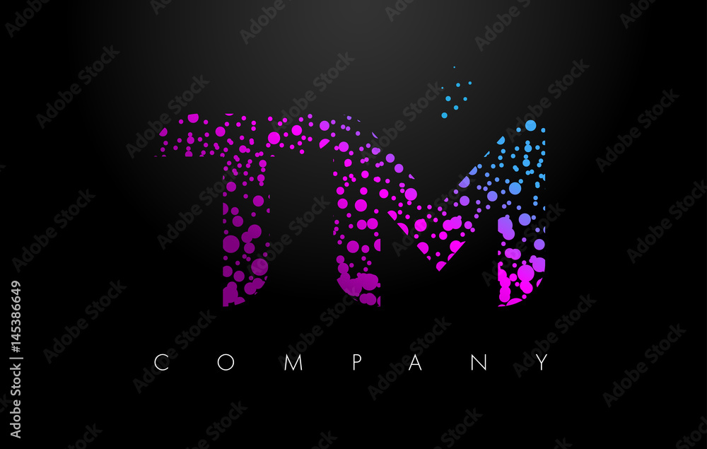 TM T M Letter Logo with Purple Particles and Bubble Dots