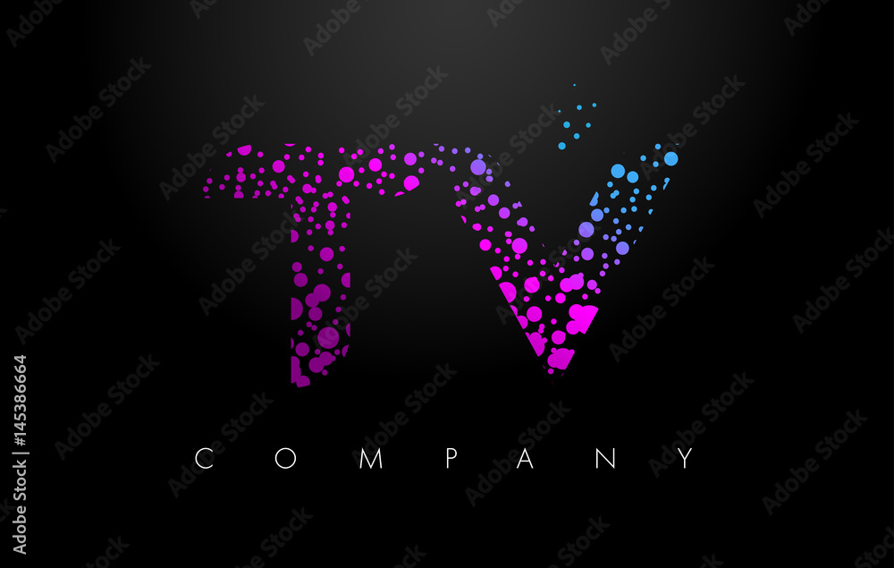TV T V Letter Logo with Purple Particles and Bubble Dots