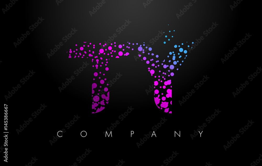 TY T Y Letter Logo with Purple Particles and Bubble Dots