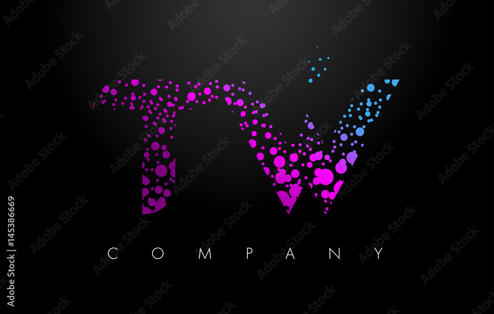 TW T W Letter Logo with Purple Particles and Bubble Dots