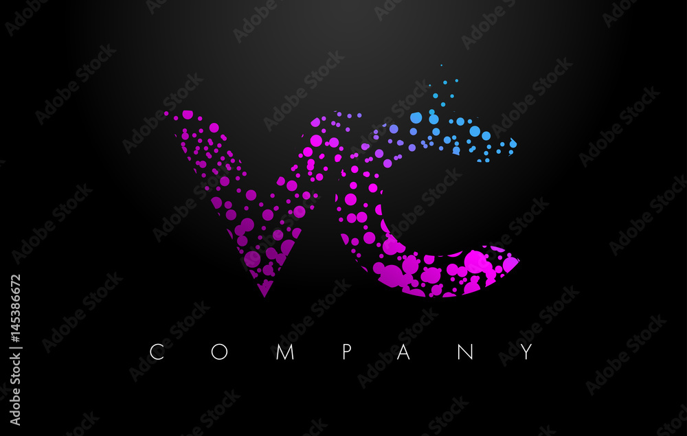 VC V C Letter Logo with Purple Particles and Bubble Dots