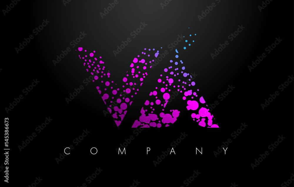 VA V A Letter Logo with Purple Particles and Bubble Dots