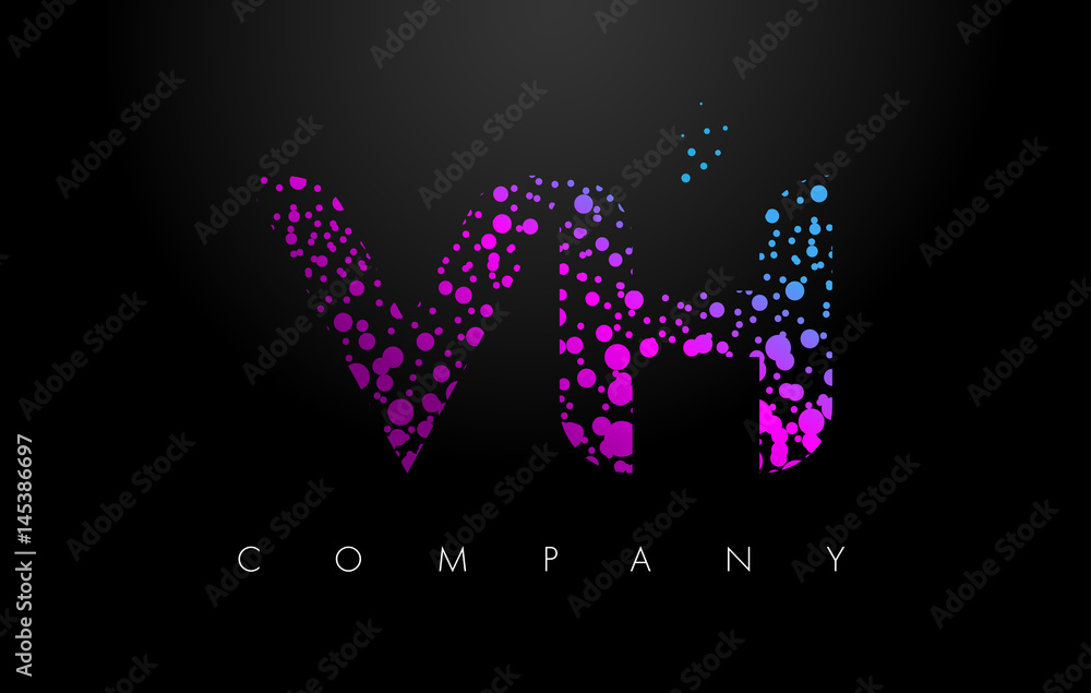 VH V H Letter Logo with Purple Particles and Bubble Dots
