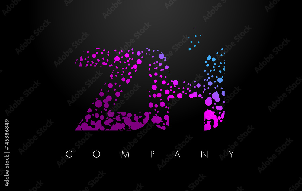 ZH Z H Letter Logo with Purple Particles and Bubble Dots