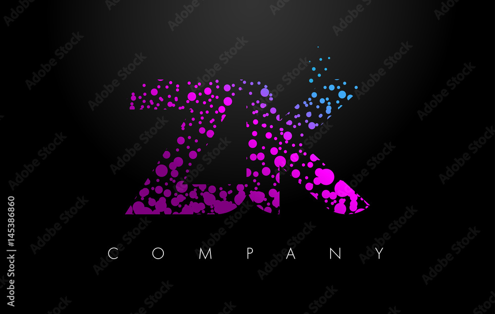 ZK Z K Letter Logo with Purple Particles and Bubble Dots ZK Z K Letter Logo with Purple Particles and Bubble Dots