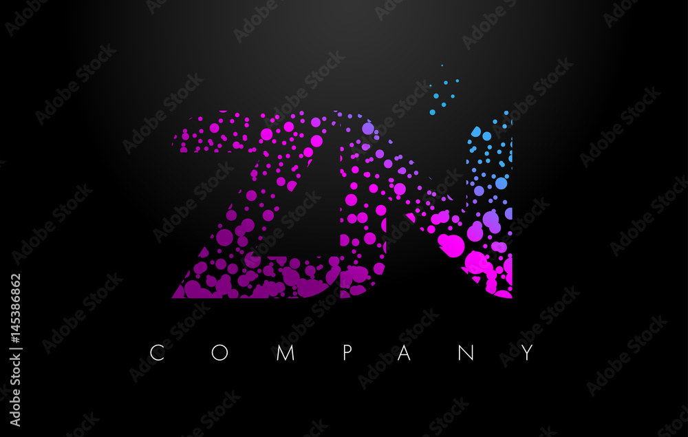 ZN Z N Letter Logo with Purple Particles and Bubble Dots