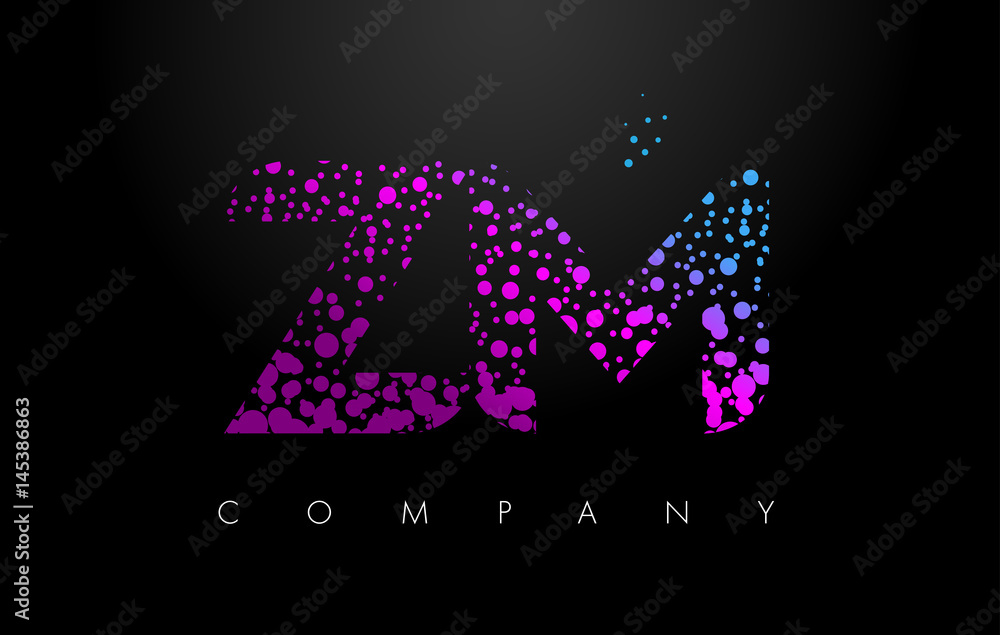 ZM Z M Letter Logo with Purple Particles and Bubble Dots