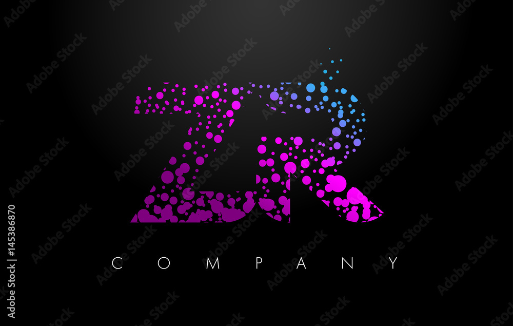 ZR Z R Letter Logo with Purple Particles and Bubble Dots