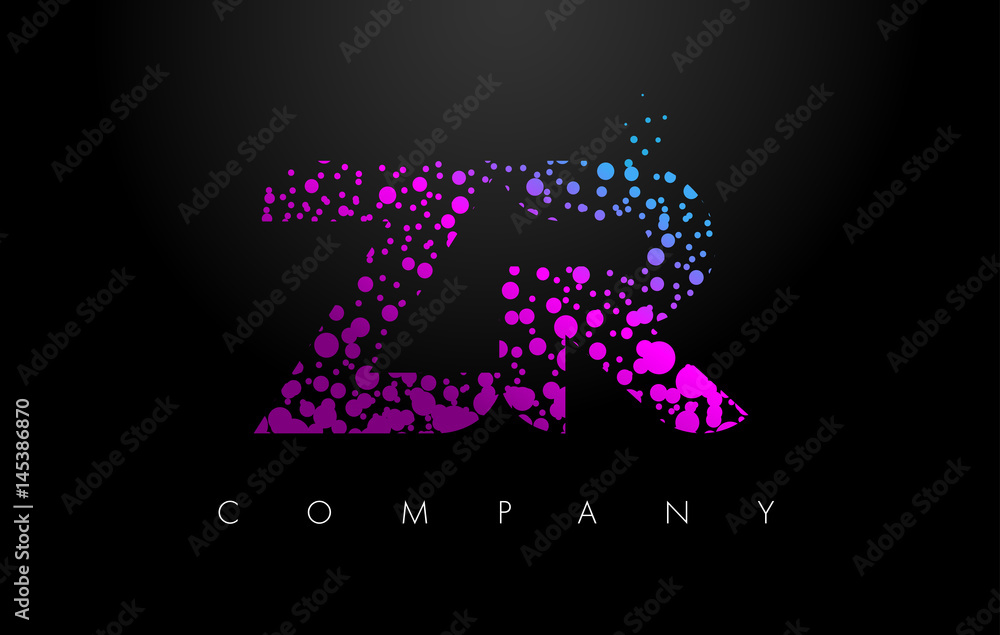 ZR Z R Letter Logo with Purple Particles and Bubble Dots ZR Z R Letter Logo with Purple Particles and Bubble Dots
