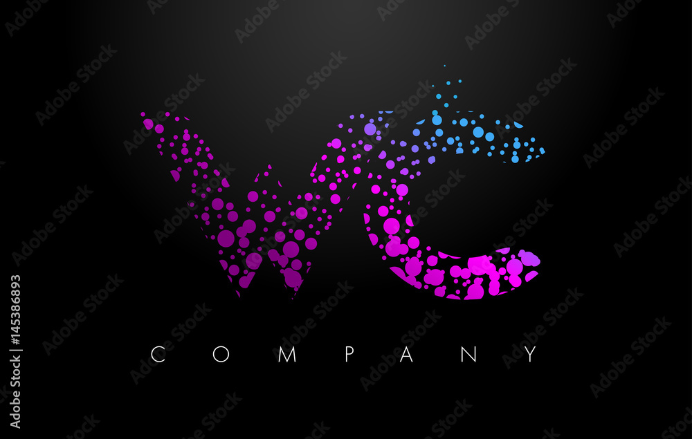 WC W C Letter Logo with Purple Particles and Bubble Dots