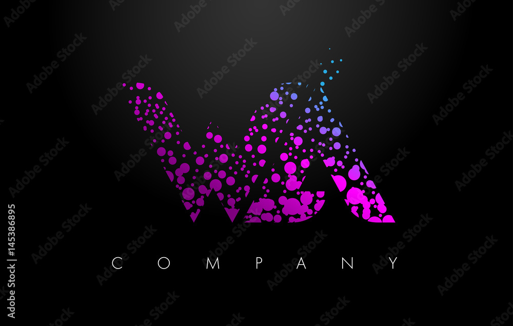 WA W A Letter Logo with Purple Particles and Bubble Dots