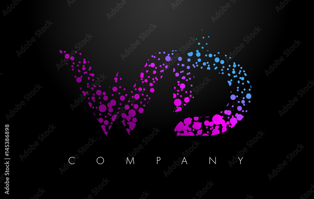 WD W D Letter Logo with Purple Particles and Bubble Dots