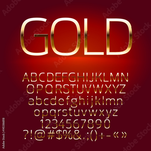 Vector set of gold alphabet letters, symbols, numbers. Contains graphic style