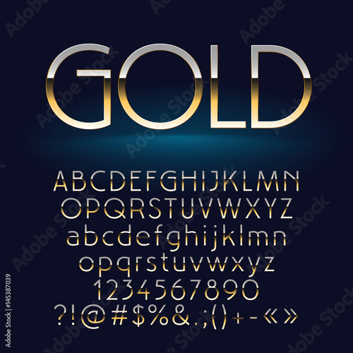Vector set of shiny gold letters, symbols and numbers. Contains graphic style