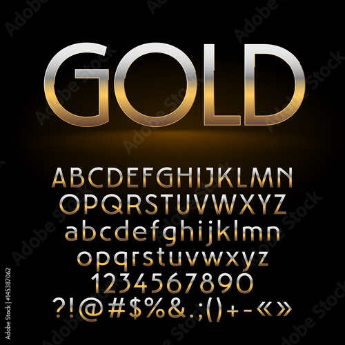 Vector set of shiny gold letters, symbols and numbers on dark background. Contains graphic style