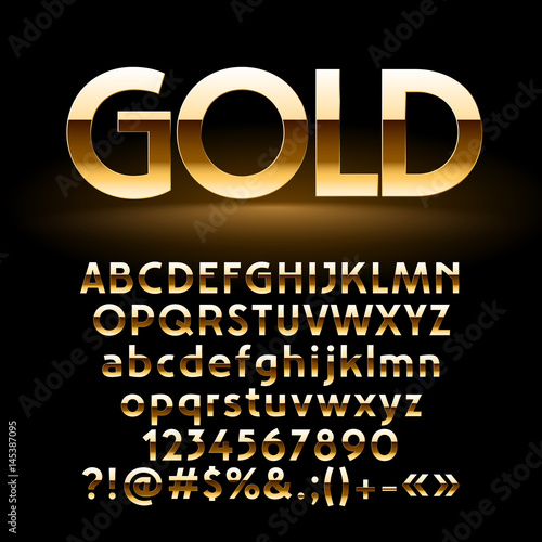 Vector set of shiny golden letters, symbols and numbers. Contains graphic style