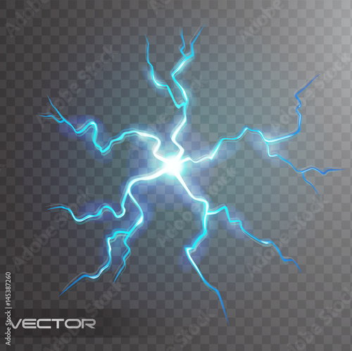 Isolated realistic lightning bolt with transparency for design. Flash thunderstorm and thunderbolt realistic effect. Magic and bright lighting natural effects with transparency vector illustration