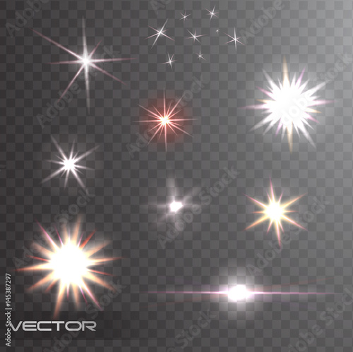 Set of golden glowing light burst explosions with transparent. Vector illustration for cool effect decoration with ray sparkles. Sun flash with rays and spotlight. Star burst with sparkles.