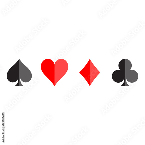 Poker card suits - hearts, clubs, spades and diamonds - on white background. Casino gambling theme vector illustration. Black and red shapes with simple glossy effect.