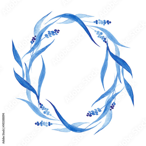 Indigo blue hand drawn wreath, vector illustration