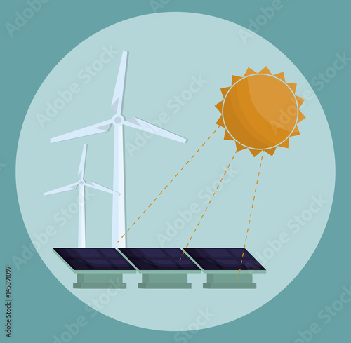 sun, eolic turbines and solar panel icon over blue background. colorful design. vector illustration