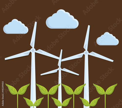 green plants and eolic turbines icon over brown background. colorful design. vector illustration