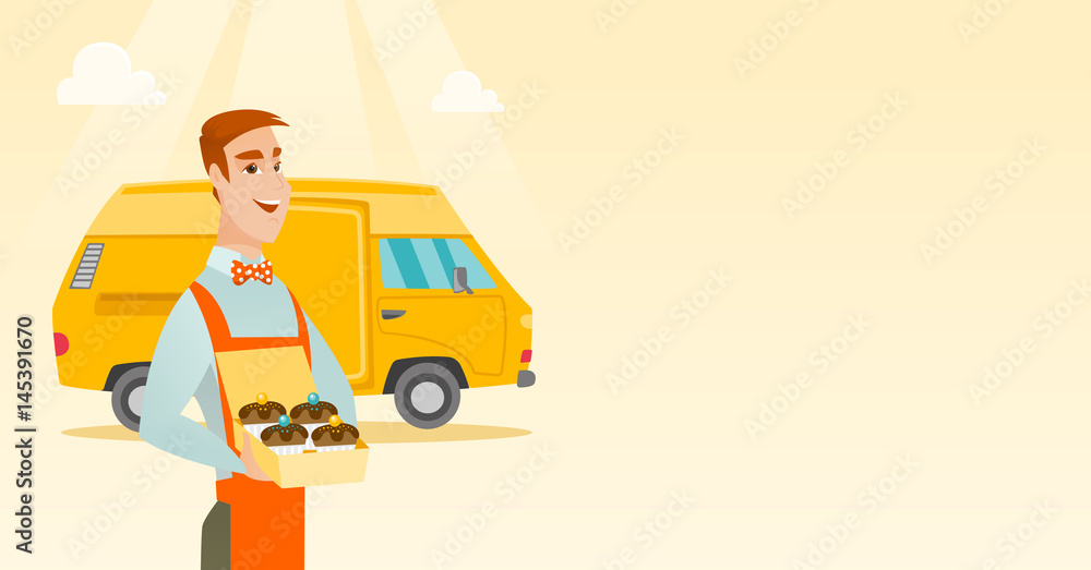 Baker delivering cakes vector illustration.