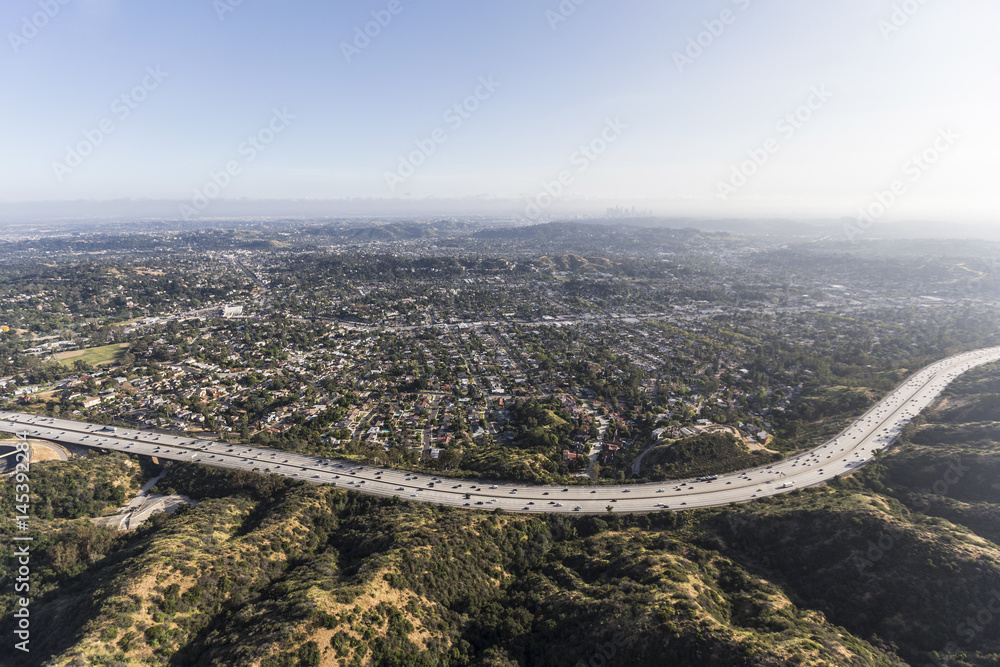 Aerial view of the Eagle Rock neighborhood and Ventura 134 Freeway in Los Angeles, California.