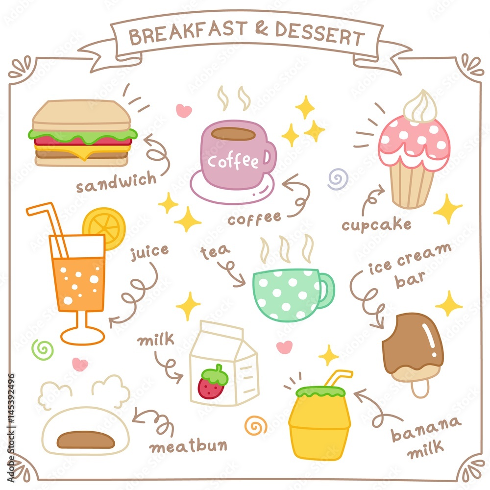 Set of Cute Breakfast and Dessert Doodle