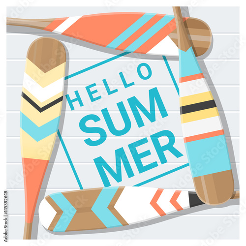 Hello summer background with painted canoe paddle , vector , illustration