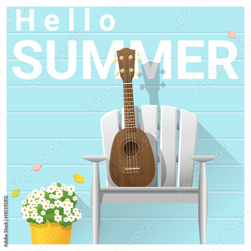 Hello summer background with ukulele on white chair , vector , illustration