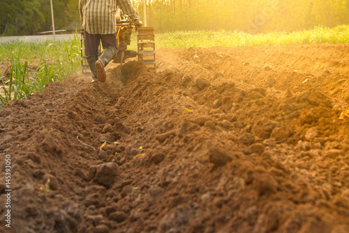 Canvas Print Man working in the garden with garden tiller