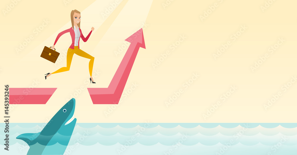 Business woman jumping over ocean with shark. Business woman jumping over ocean with shark.