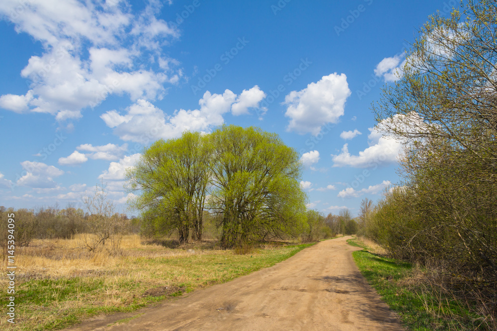 Rural road with pits and blue sky with clouds