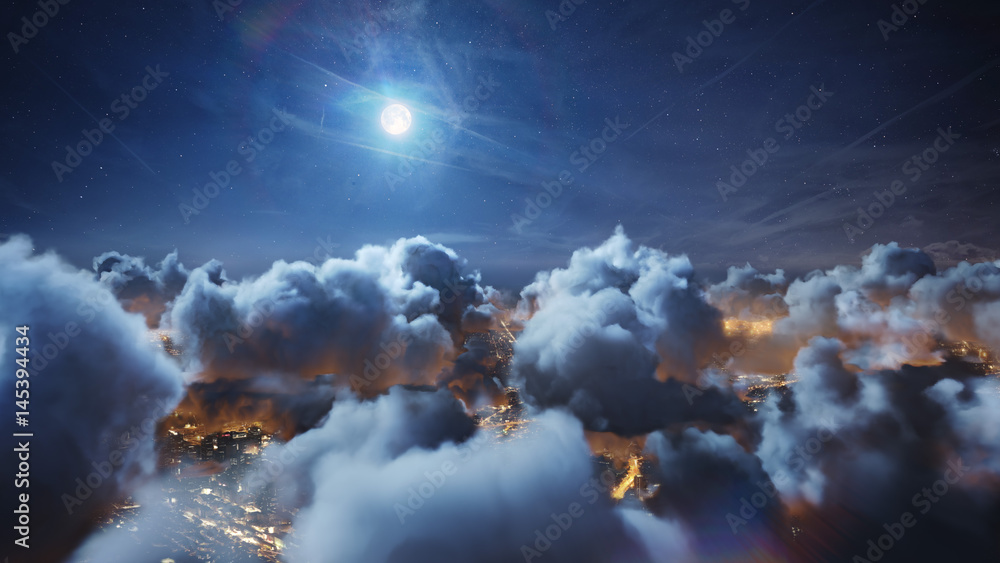 Fototapeta Latające nad głęboką nocą chmury timelapse z księżycowym światłem. Bezproblemowo zapętlona animacja. Lot przez ruchomy cloudscape nad nocnymi światłami miasta. Idealny do kina, tła, kompozycji cyfrowej.