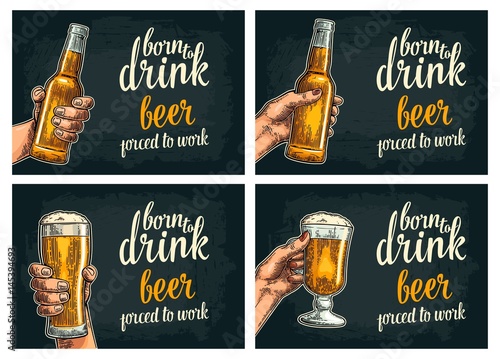 Female and male hands holding beer bottles and glass.