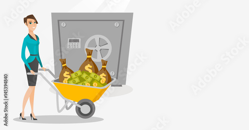 Business woman depositing money in bank in safe.