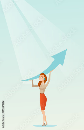 Business woman holding arrow going up.