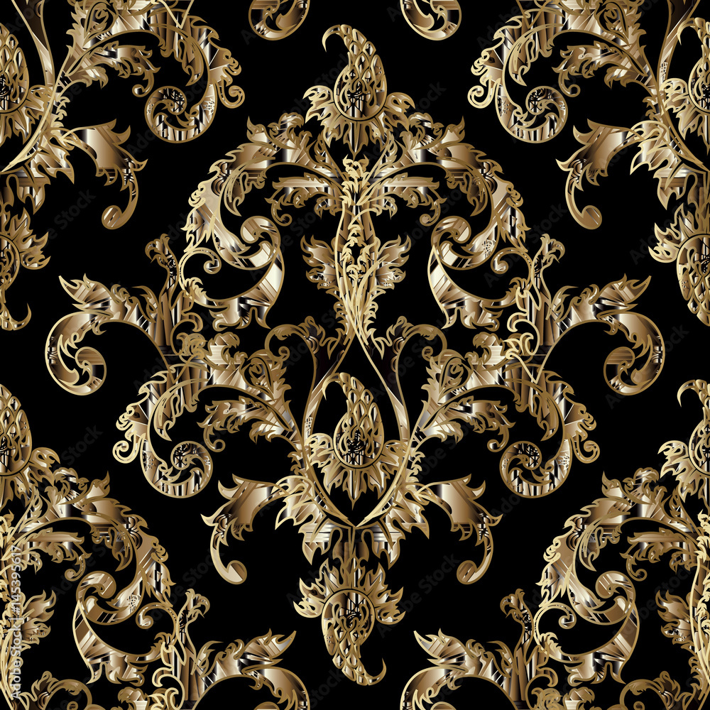 Damask floral seamless pattern. Black flourish background wallpaper  illustration with vintage gold 3d flowers, leaves and antique ornaments in  Baroque Victorian style. Surface vector texture. Stock Vector | Adobe Stock