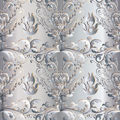 White Damask floral seamless pattern. Light flourish background wallpaper illustration with vintage 3d flowers, leaves and antique ornaments in Baroque Victorian style. Surface vector texture.