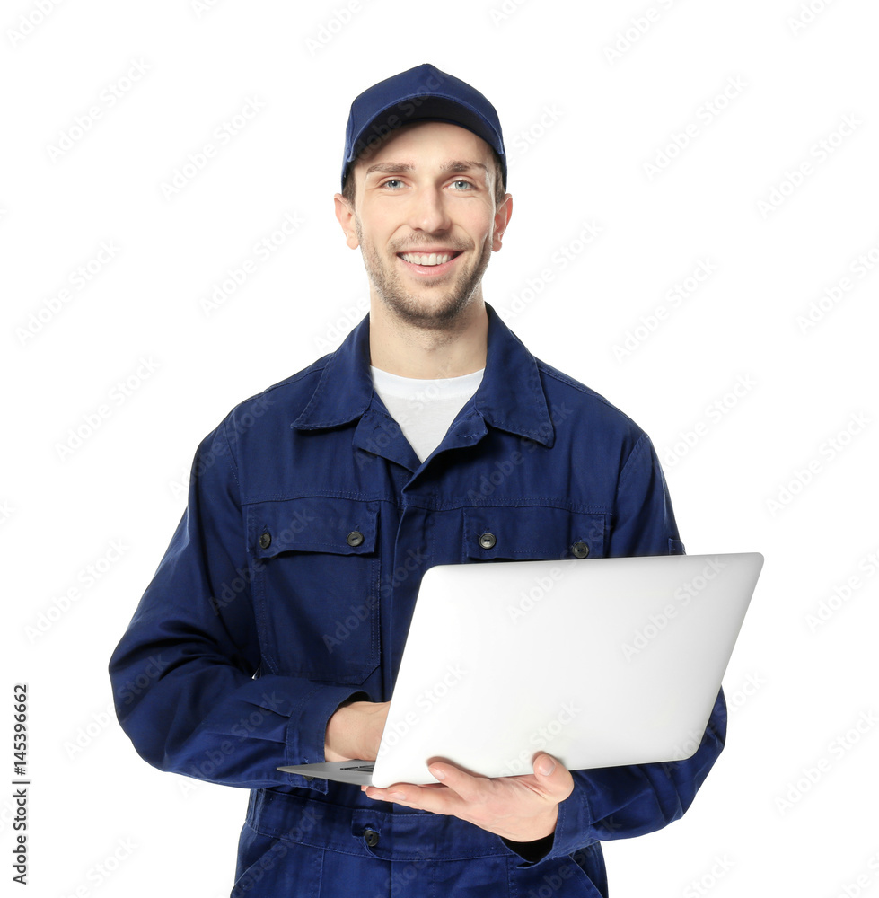 Handsome auto mechanic with laptop on white background Handsome auto mechanic with laptop on white background