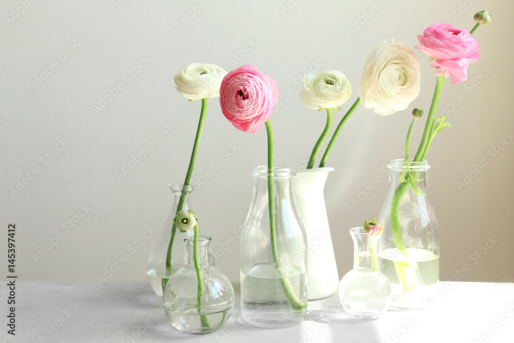 Glass vases with beautiful fresh ranunculus flowers on table