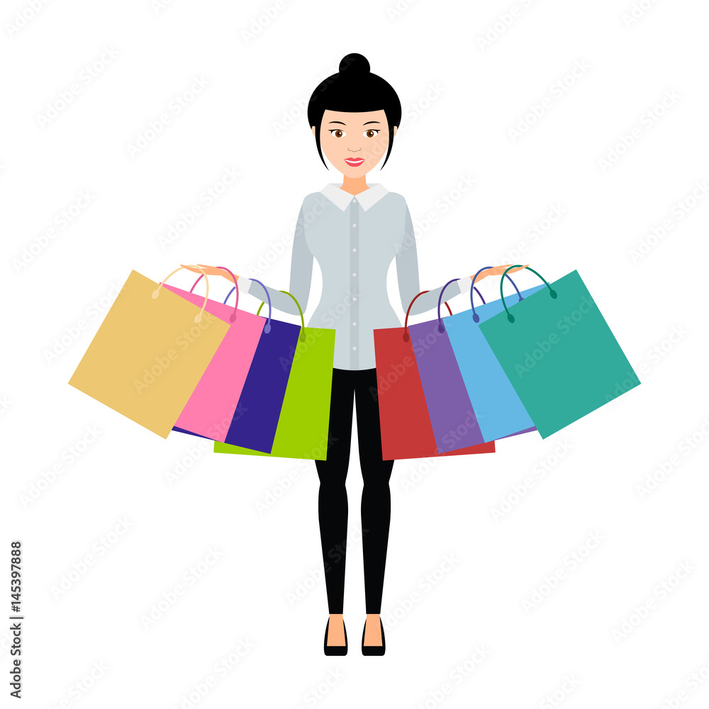girl with shopping bags in both hands. vector.